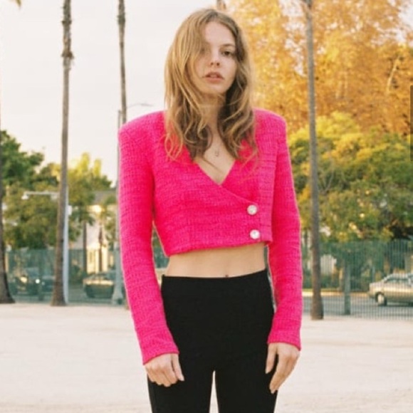 Zara STRUCTURED CROP TOP/Blazer Front Jewel Button Closure Pink Size S NEW - Picture 2 of 4